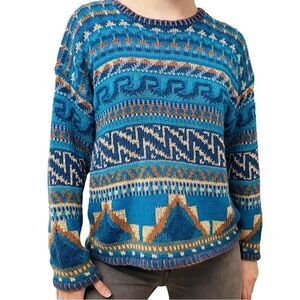 Segrets Sun Prints Teal Navy Tan Fair Isle Aztec Grandpa Chunky Knit Sweater